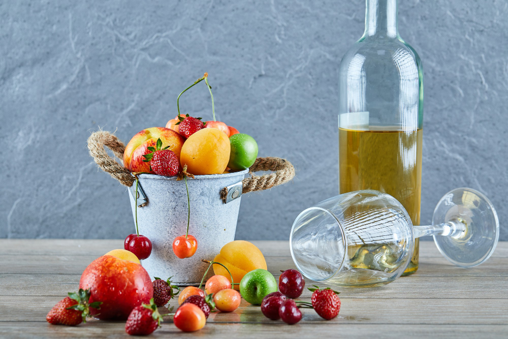 bucket-fresh-summer-fruits-bottle-white-wine-empty-glass-wooden-table