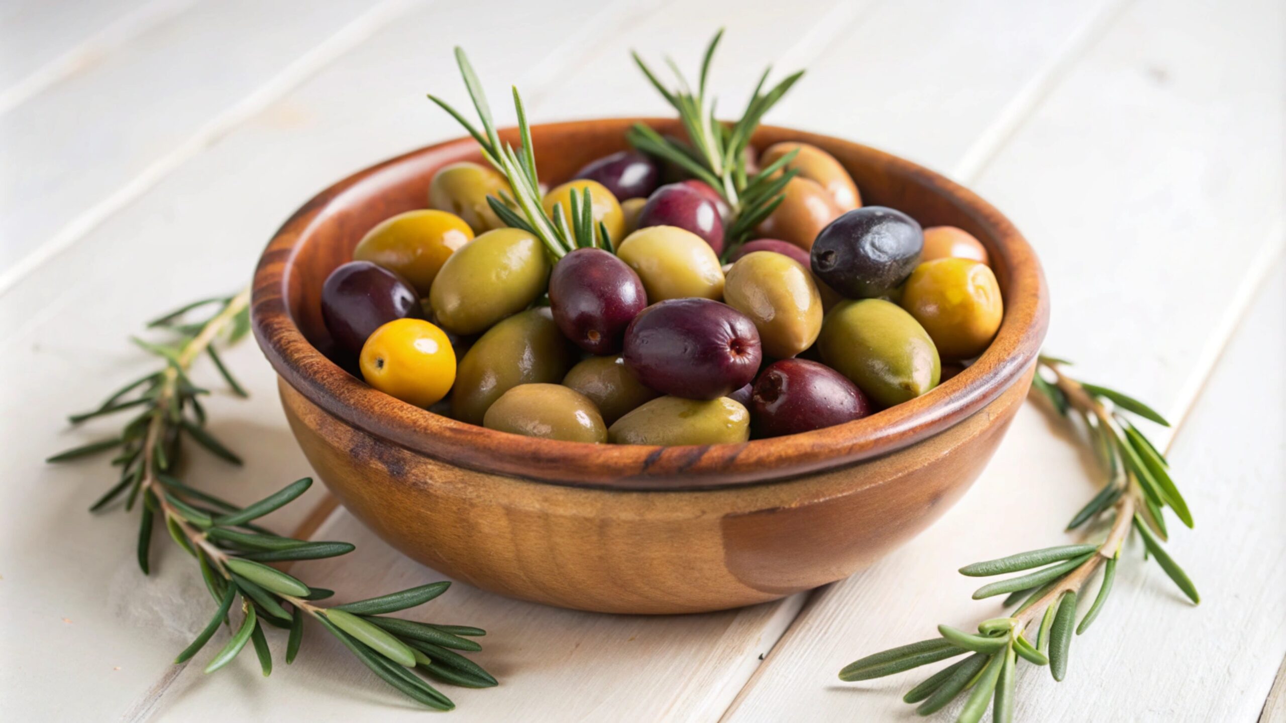 A wooden bowl filled with green, black, and yellow olives with sprigs of rosemary on a white wooden surface.